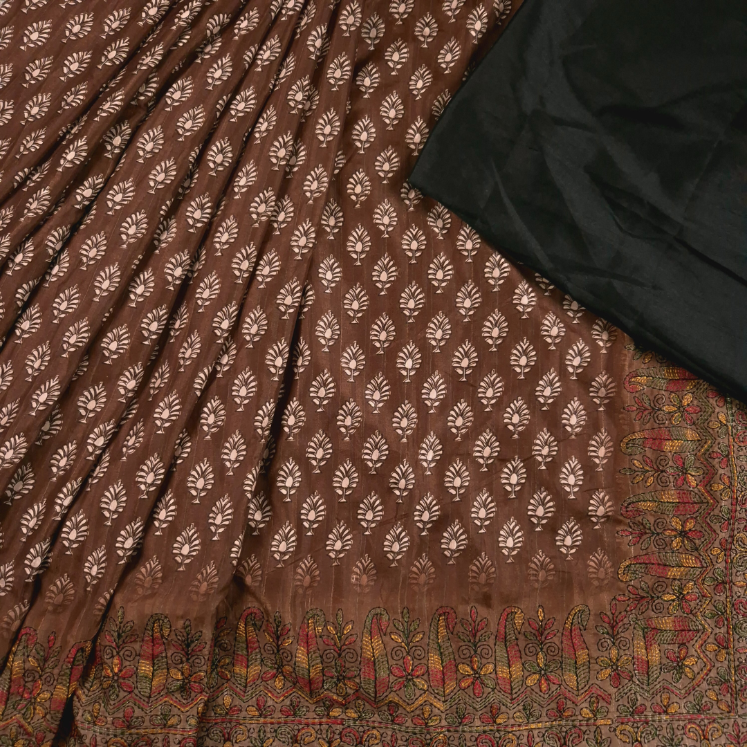 Brown saree Karigari Kantha Semi Tussar x Kantha Hand Embroidery x Hand Block Print for women