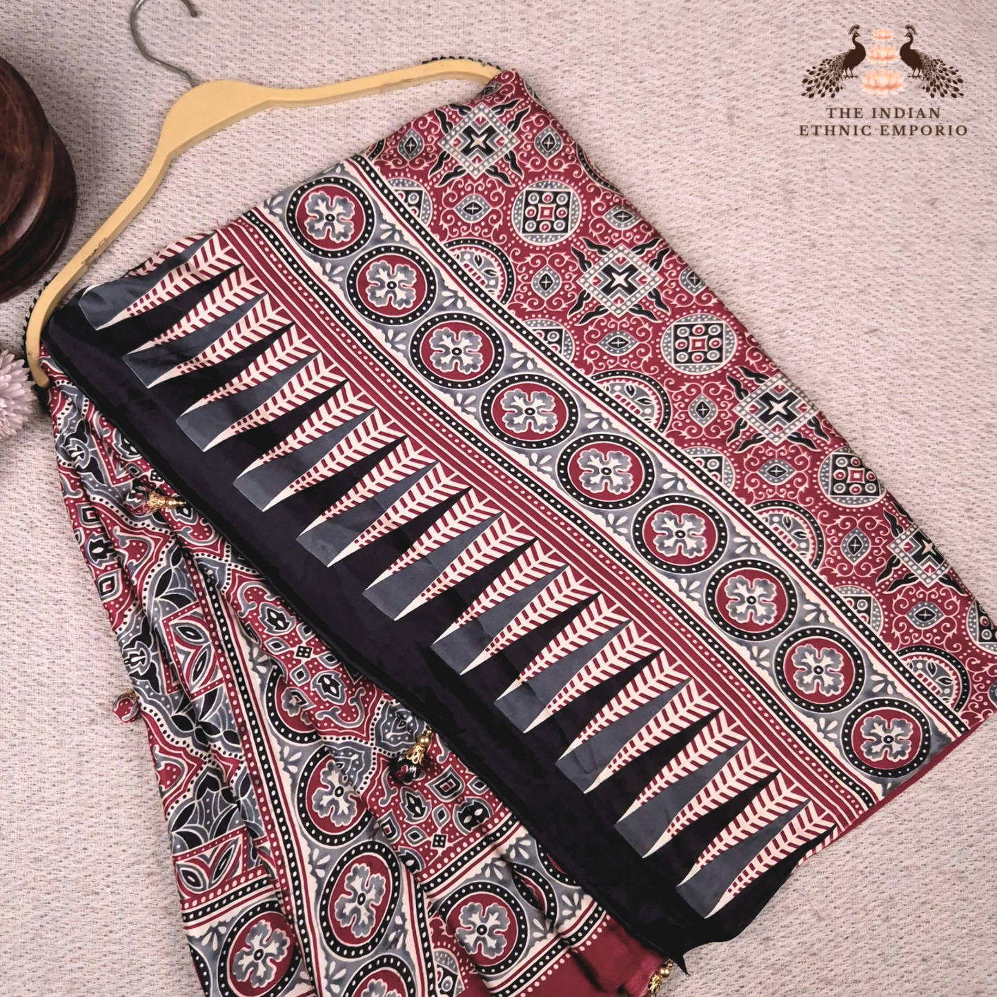 The Ajrakh Collection - Floral Fusion - Satin Silk Saree