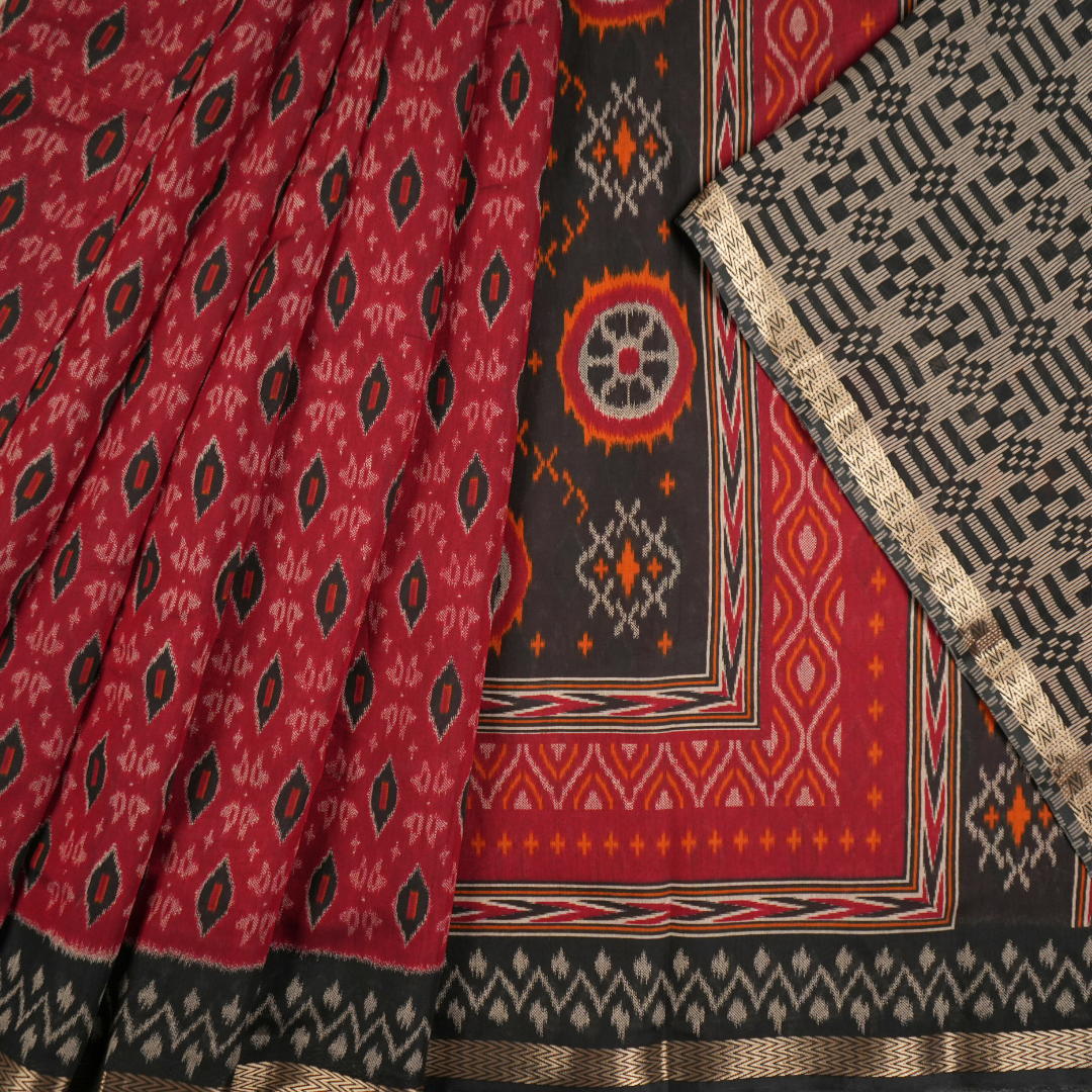 Red & Black color Pure Sambalpur Cotton Saree | Ikkat Design | Jugalbandi Collection - Design 2