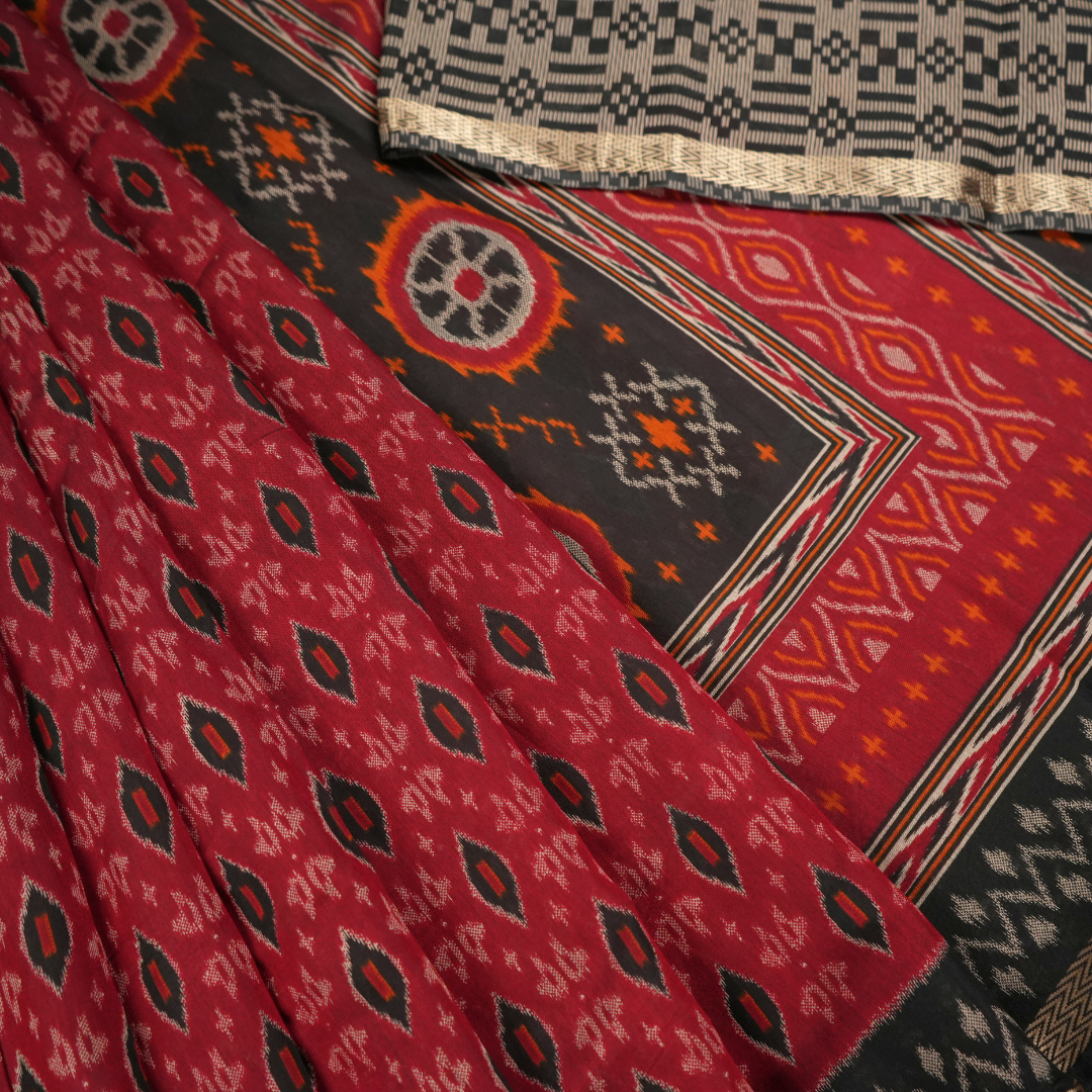 Red & Black color Pure Sambalpur Cotton Saree | Ikkat Design | Jugalbandi Collection - Design 2