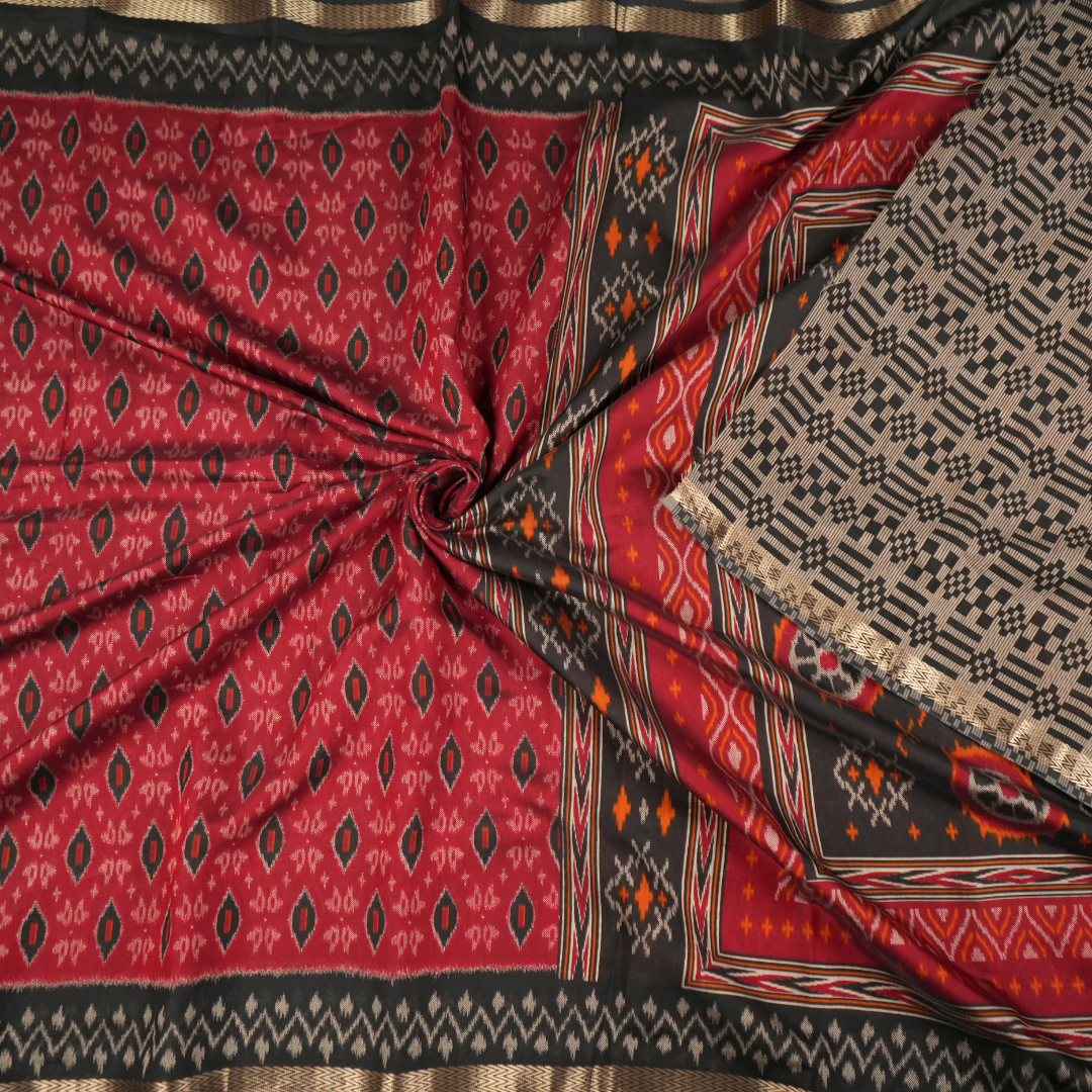 Red & Black color Pure Sambalpur Cotton Saree | Ikkat Design | Jugalbandi Collection - Design 2