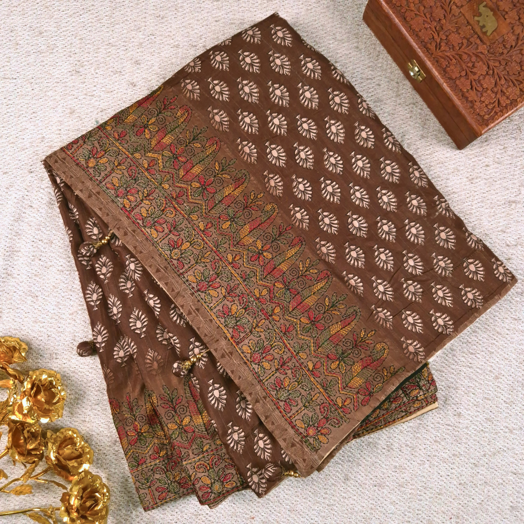 Brown saree Karigari Kantha Semi Tussar x Kantha Hand Embroidery x Hand Block Print for women
