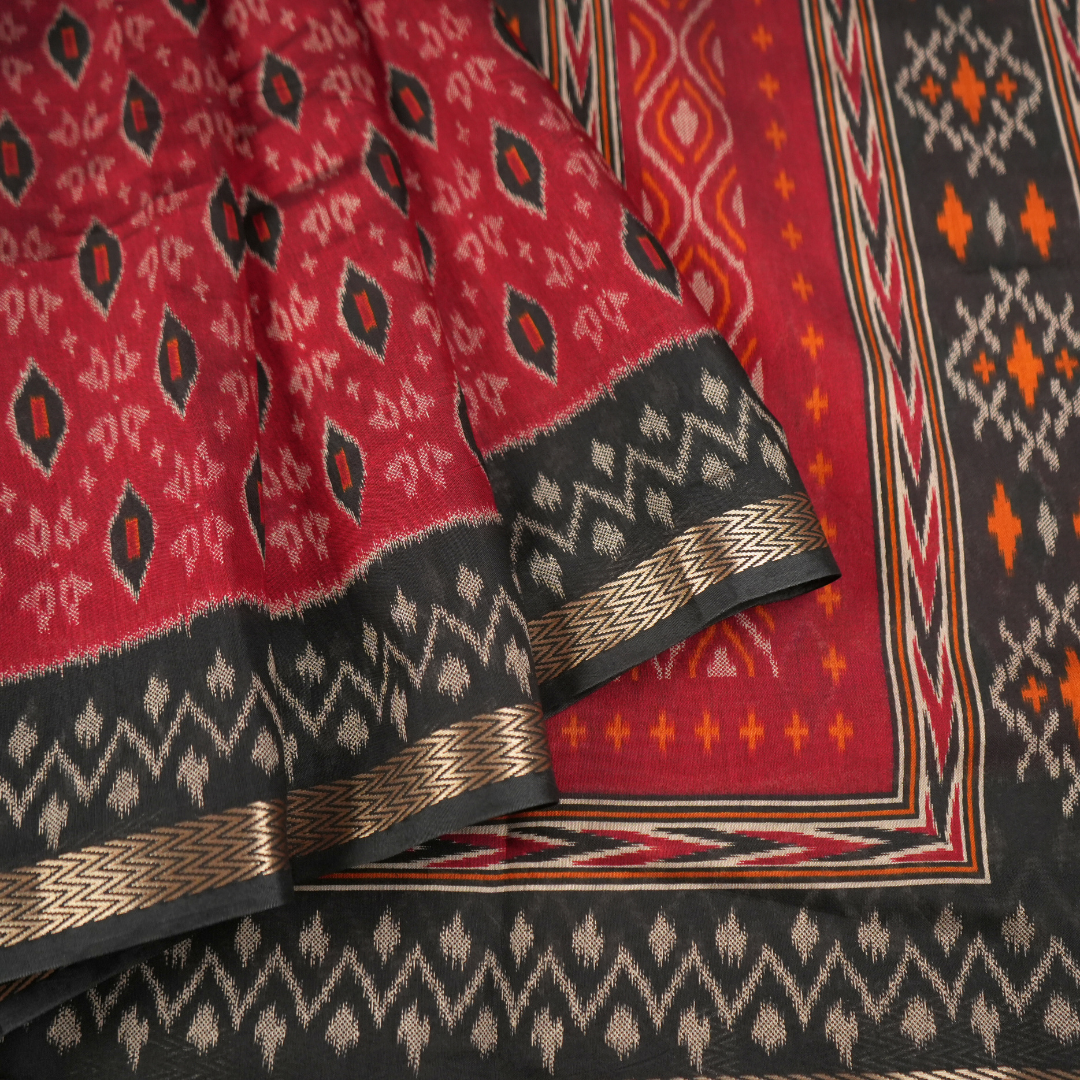 Red & Black color Pure Sambalpur Cotton Saree | Ikkat Design | Jugalbandi Collection - Design 2