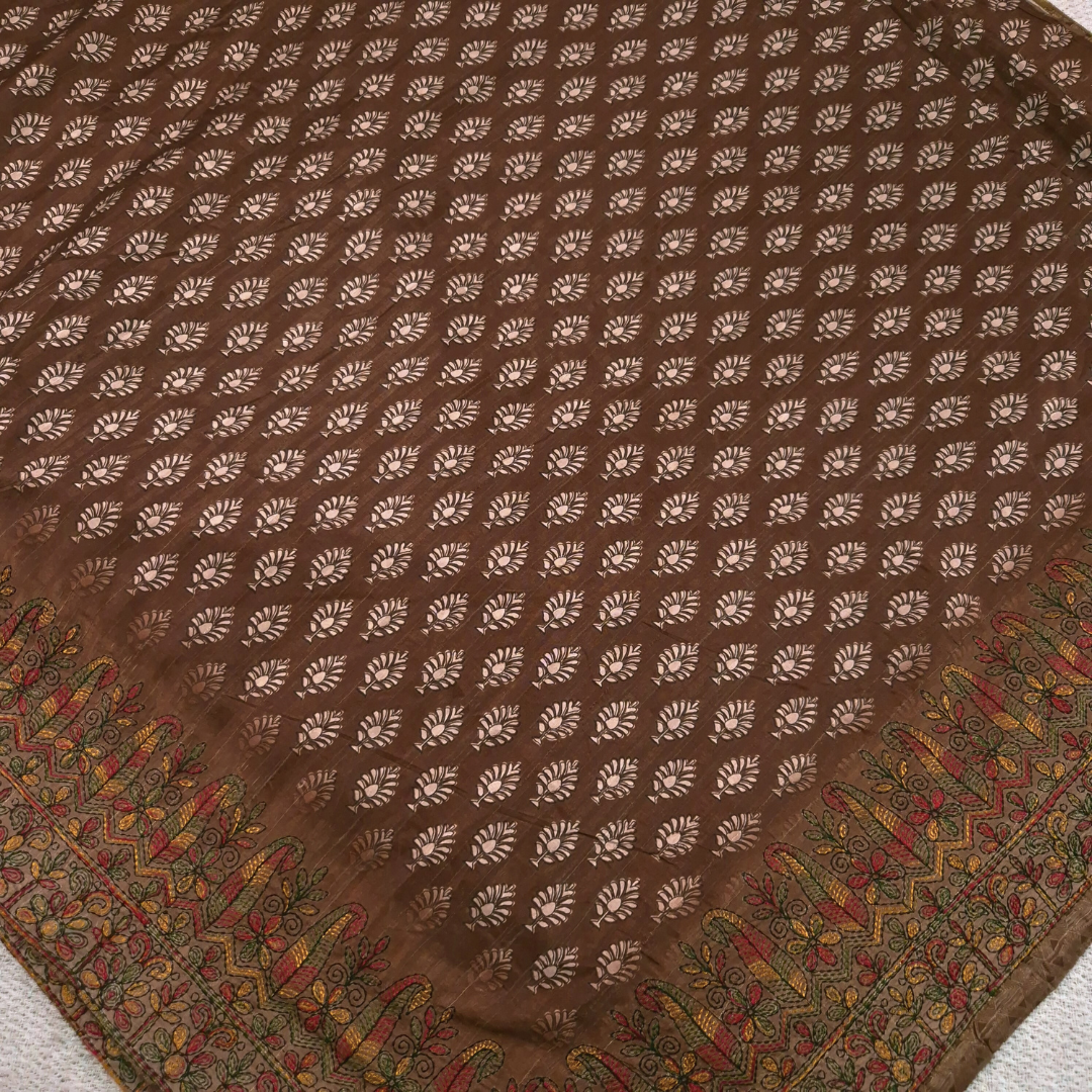 Brown saree Karigari Kantha Semi Tussar x Kantha Hand Embroidery x Hand Block Print for women