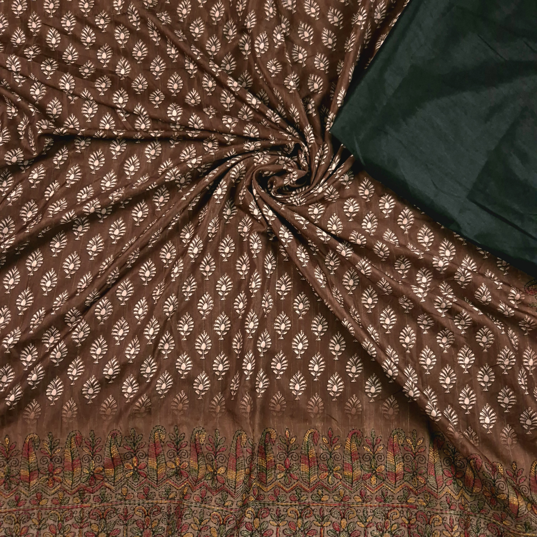 Brown saree Karigari Kantha Semi Tussar x Kantha Hand Embroidery x Hand Block Print for women