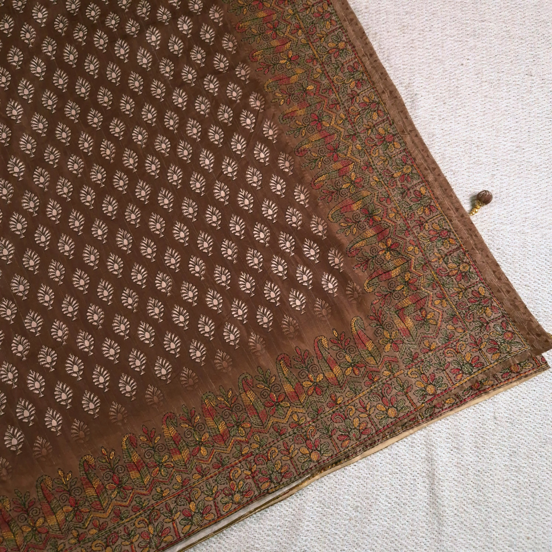 Brown saree Karigari Kantha Semi Tussar x Kantha Hand Embroidery x Hand Block Print for women