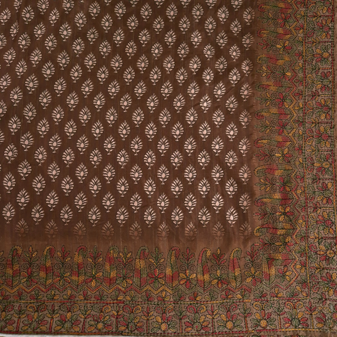 Brown saree Karigari Kantha Semi Tussar x Kantha Hand Embroidery x Hand Block Print for women