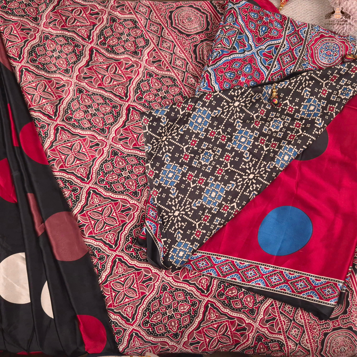 The Ajrakh Collection - Bold Polka - Satin Silk Saree