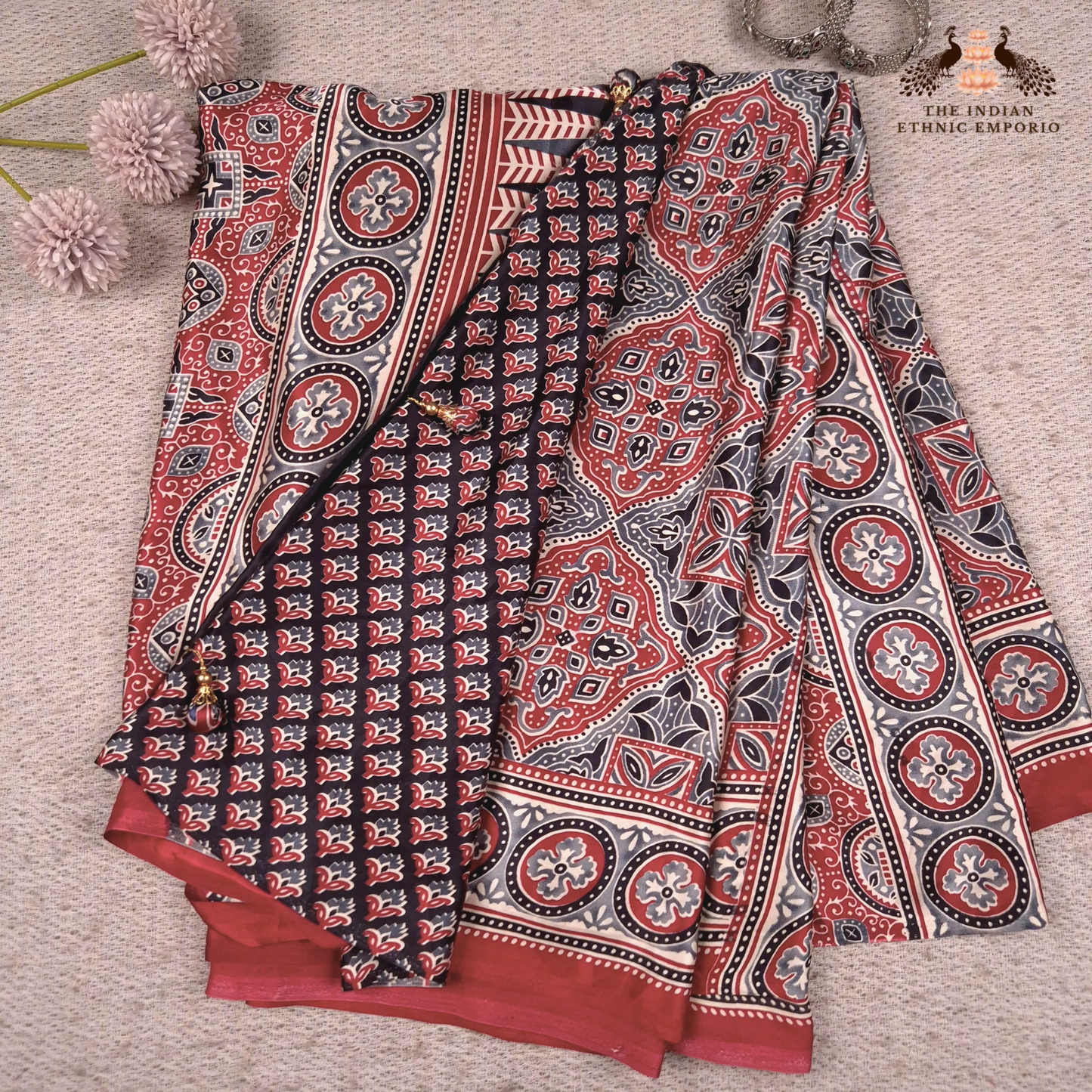 The Ajrakh Collection - Floral Fusion - Satin Silk Saree