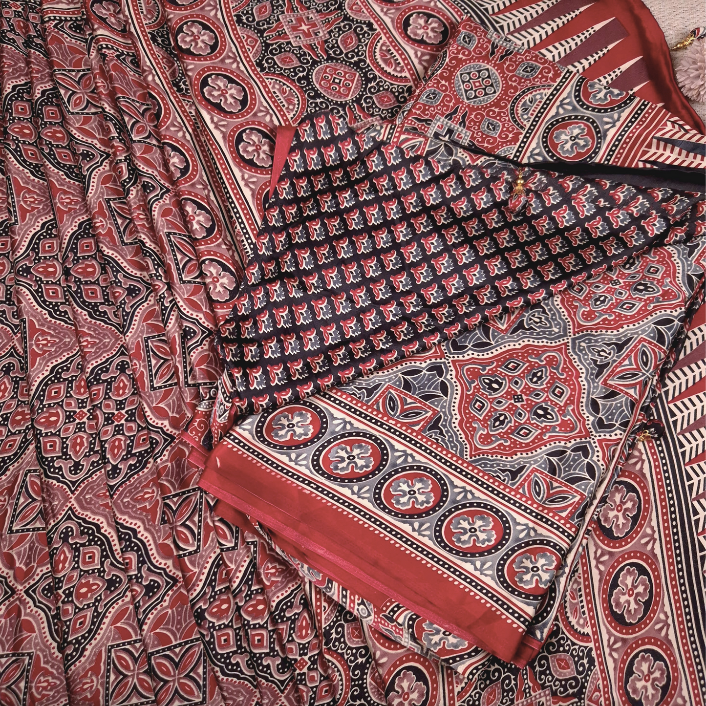 The Ajrakh Collection - Floral Fusion - Satin Silk Saree