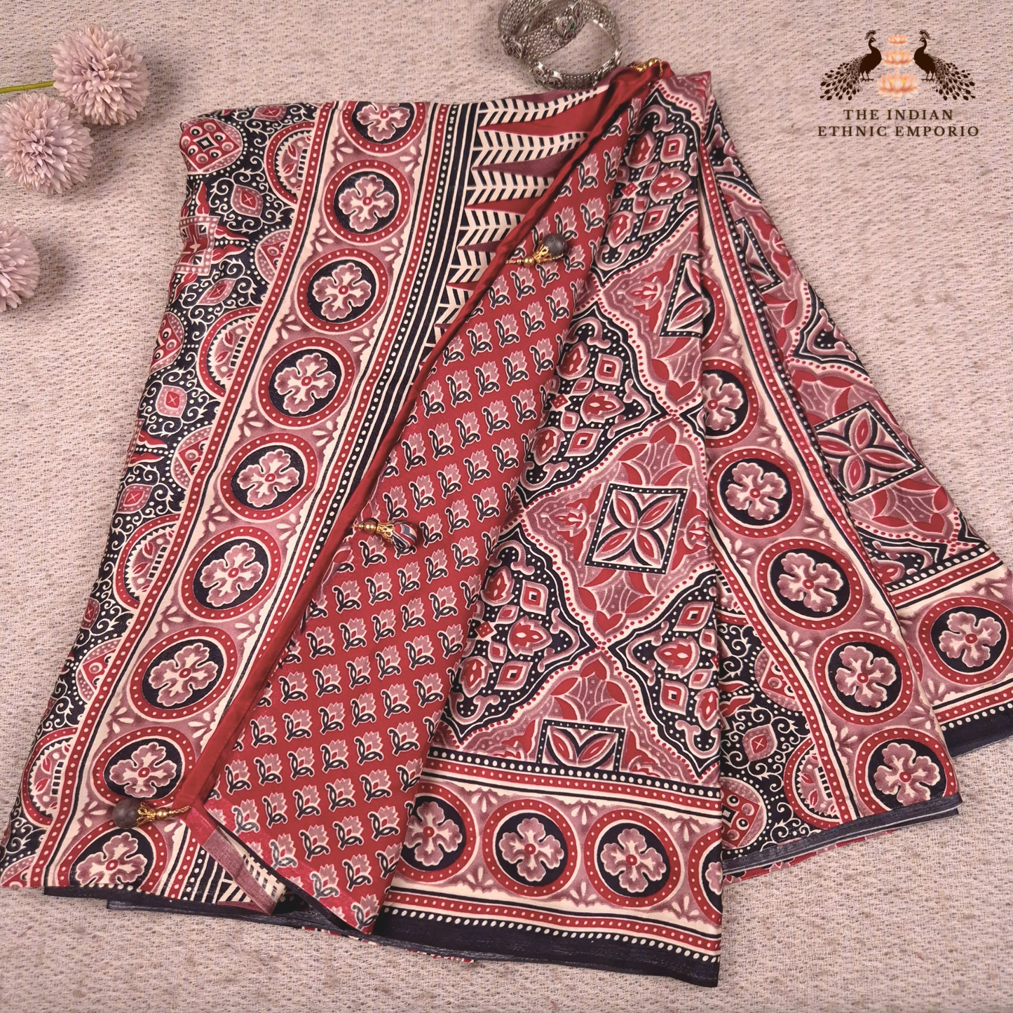 The Ajrakh Collection - Floral Fusion - Satin Silk Saree