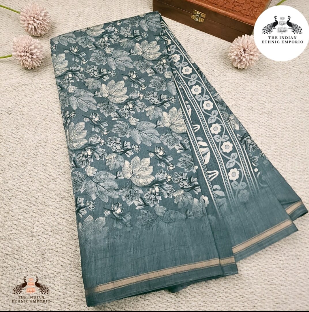 English Grey Color printed Bhagalpuri silk saree