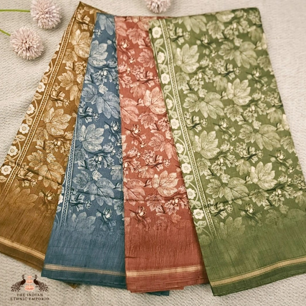 Printed Bhagalpuri Silk Saree i mustard, Blue, rustic red & green color