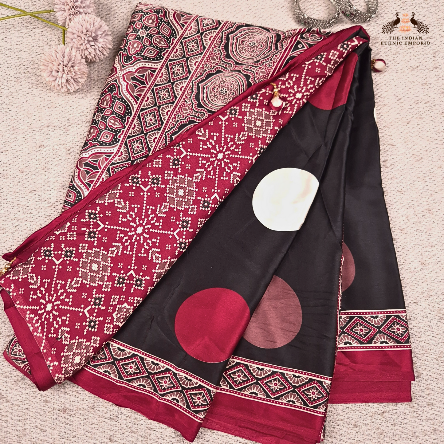 The Ajrakh Collection - Bold Polka - Satin Silk Saree