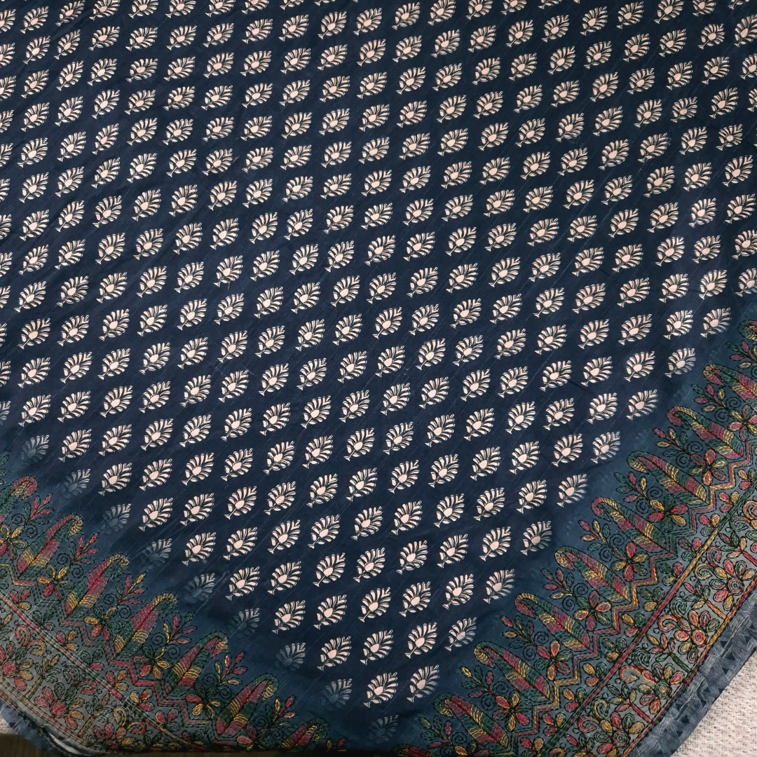 Blue saree Karigari Kantha Semi Tussar x Kantha Hand Embroidery x Hand Block Print for women