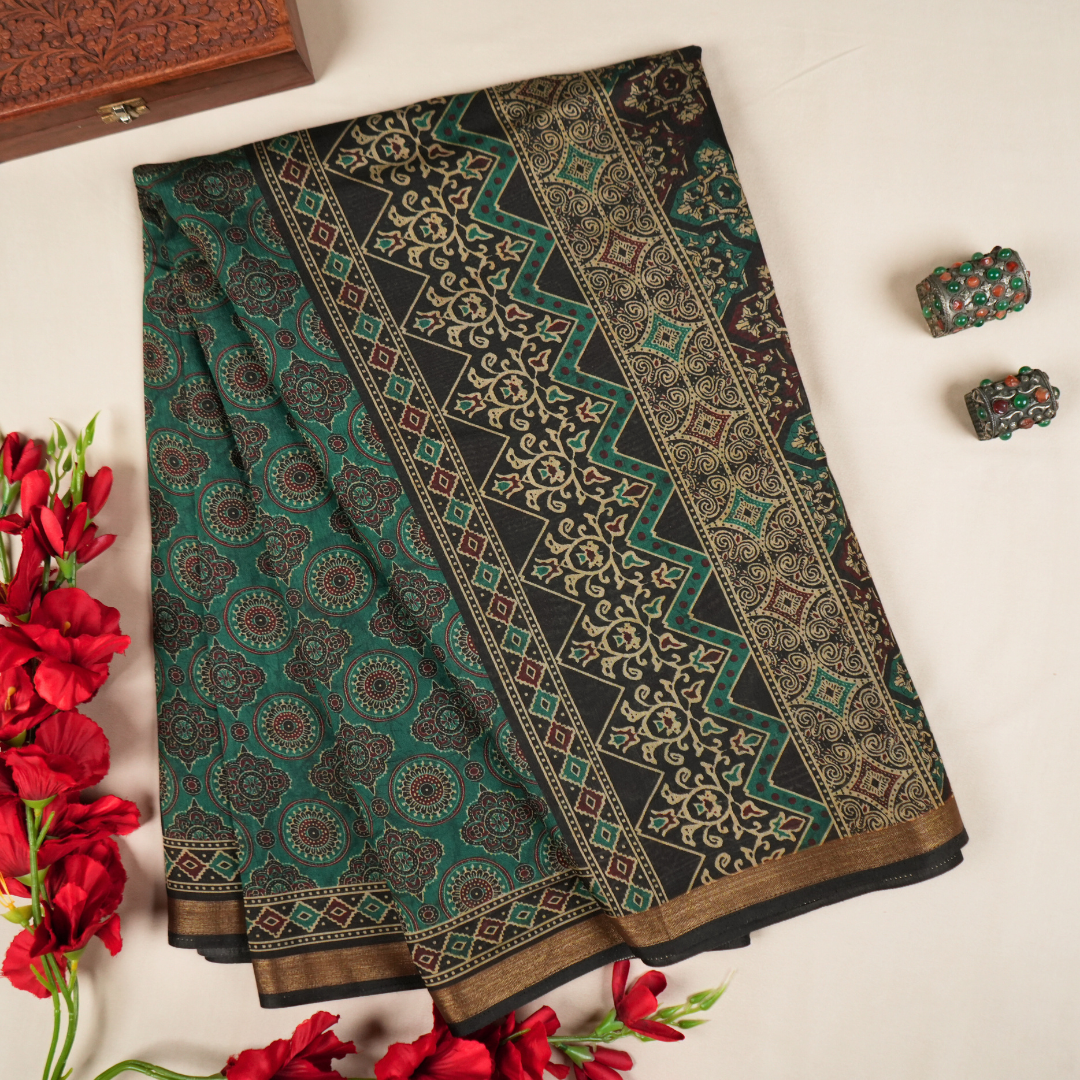 Tara Sitara - Cotton Blend Sarees in Elegant Pine Green & Maroon Color