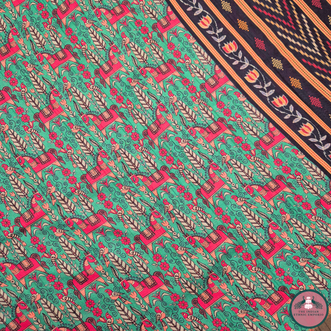 Satrangi Atrangi - Green & Red color Animal Horse Print Premium Gicha Silk Saree for Women