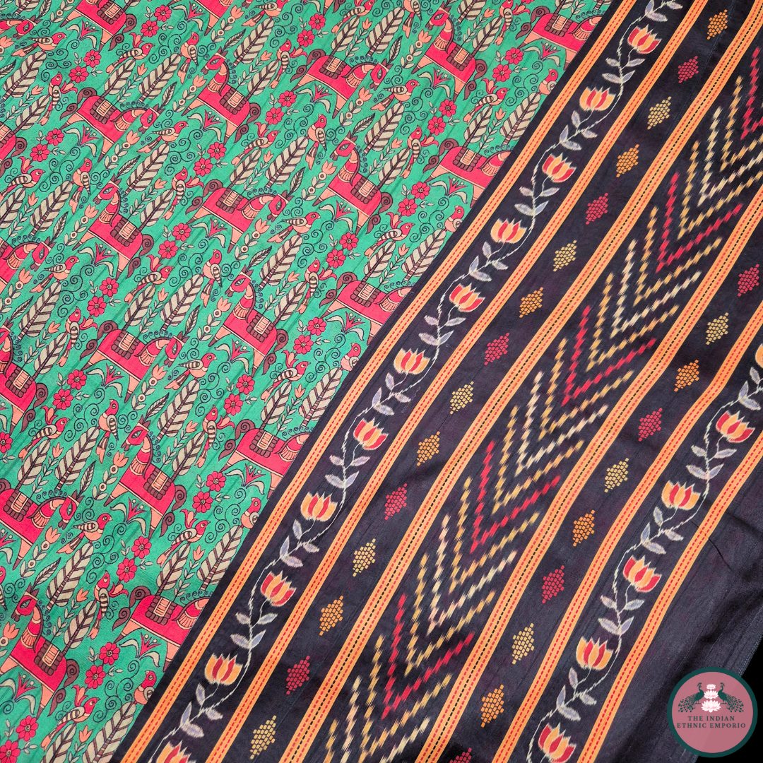 Satrangi Atrangi - Green & Red color Animal Horse Print Premium Gicha Silk Saree for Women
