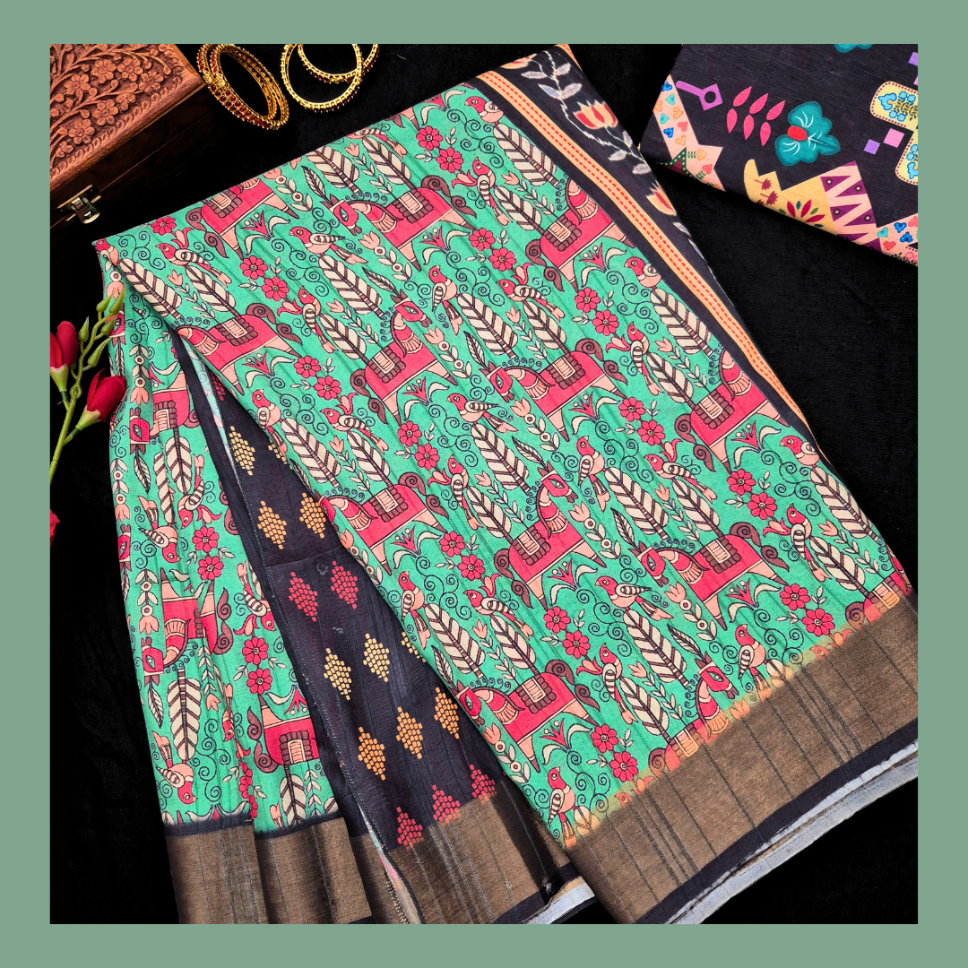 Satrangi Atrangi - Green & Red color Animal Horse Print Premium Gicha Silk Saree for Women