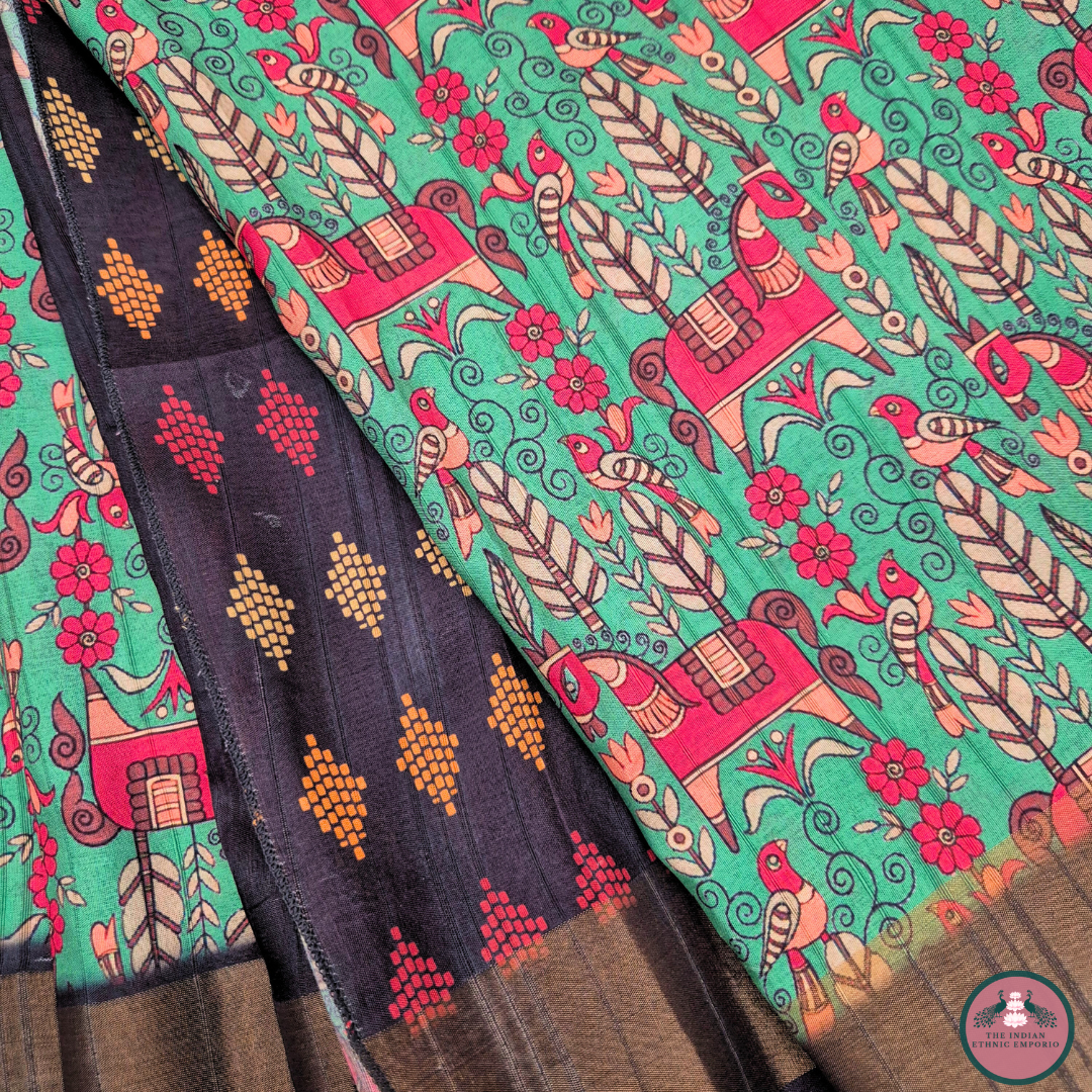 Satrangi Atrangi - Green & Red color Animal Horse Print Premium Gicha Silk Saree for Women