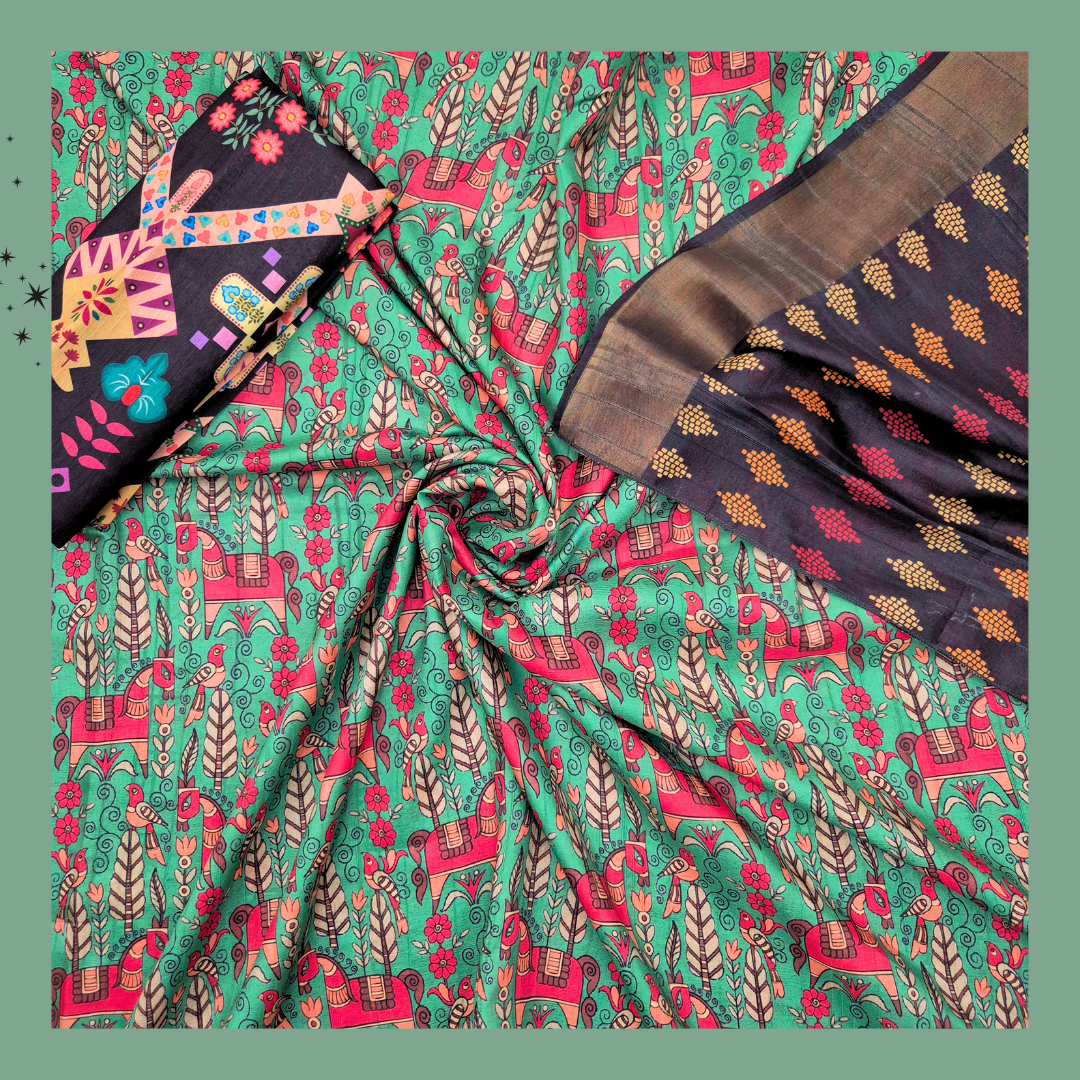 Satrangi Atrangi - Green & Red color Animal Horse Print Premium Gicha Silk Saree for Women
