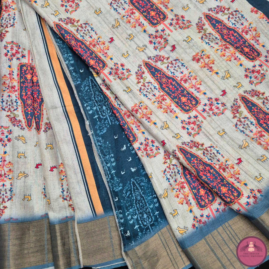 Satrangi Atrangi - Grey color Mughal inspired Tree of Life Print Premium Gicha Silk Saree for Women