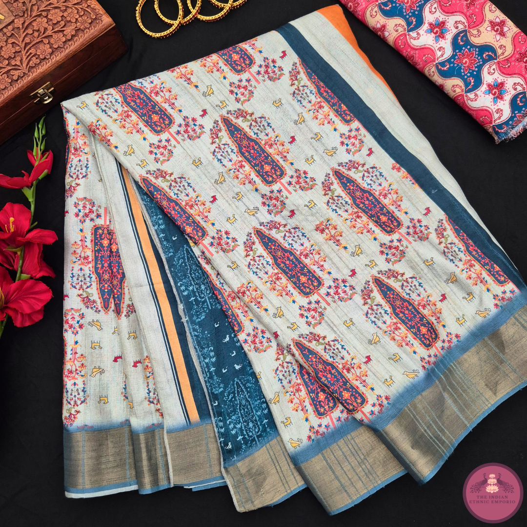 Satrangi Atrangi - Grey color Mughal inspired Tree of Life Print Premium Gicha Silk Saree for Women