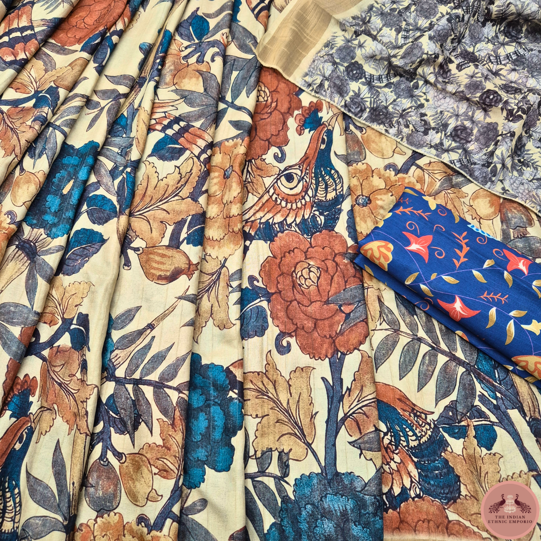 Satrangi Atrangi - Beige color Flora & Fauna Inspired Print Premium Gicha Silk Saree for Women