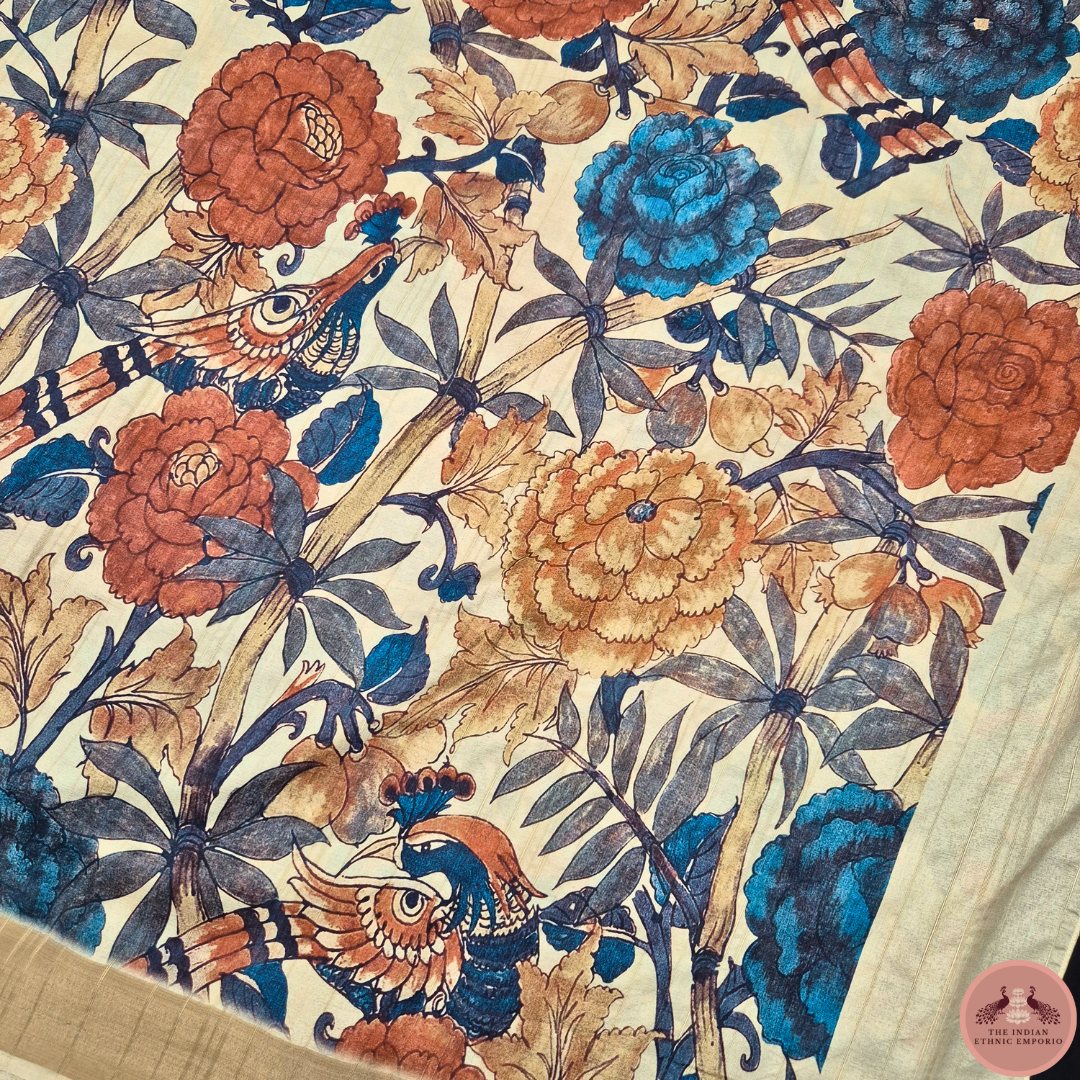 Satrangi Atrangi - Beige color Flora & Fauna Inspired Print Premium Gicha Silk Saree for Women