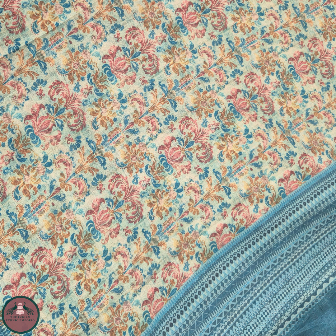 Satrangi Atrangi - Light Blue color Mughal Inspired Flora Print Premium Gicha Silk Saree for Women