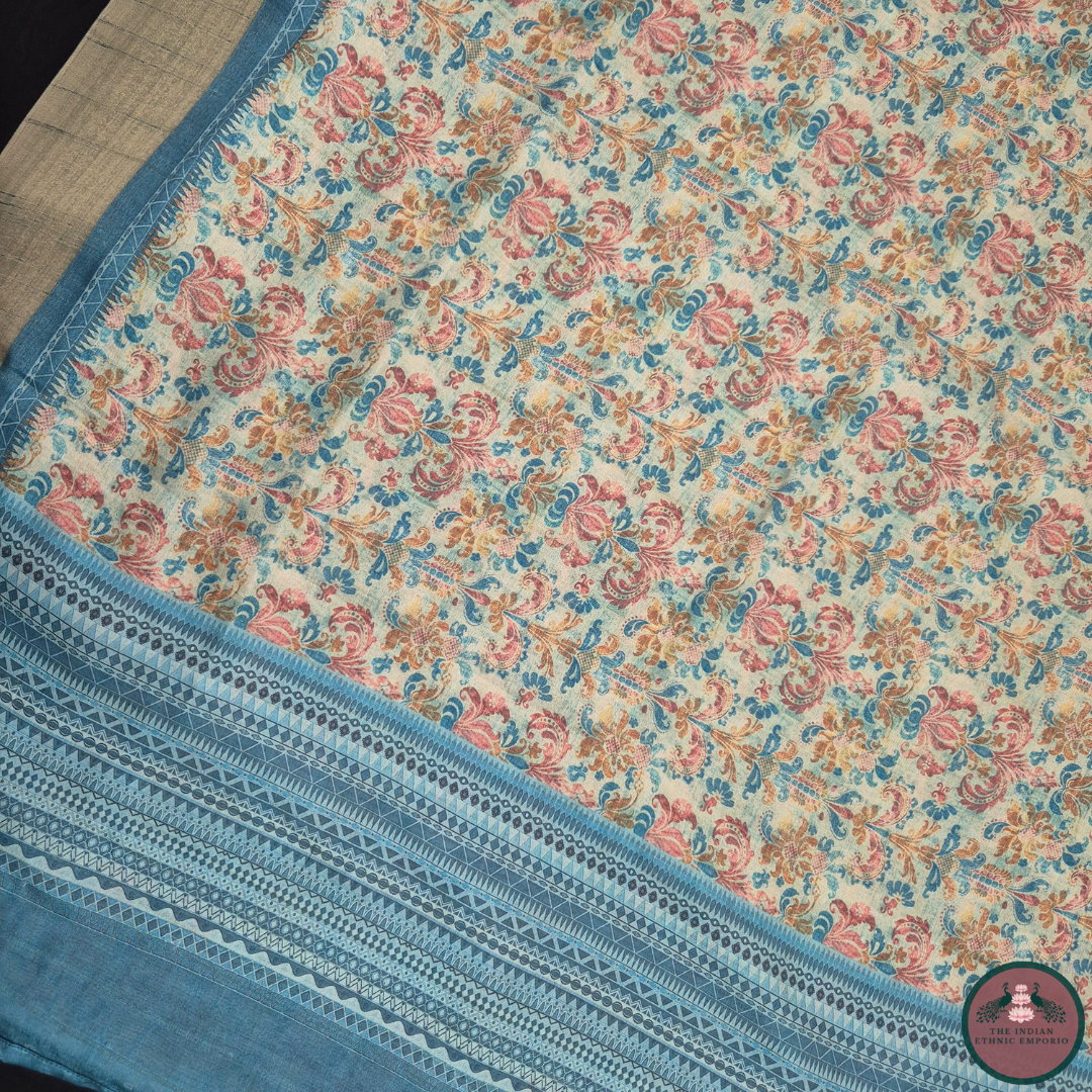 Satrangi Atrangi - Light Blue color Mughal Inspired Flora Print Premium Gicha Silk Saree for Women