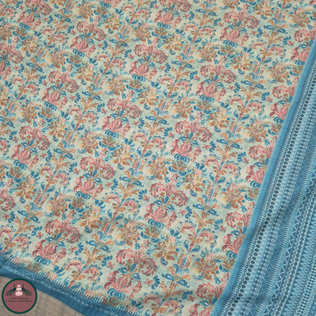 Satrangi Atrangi - Light Blue color Mughal Inspired Flora Print Premium Gicha Silk Saree for Women