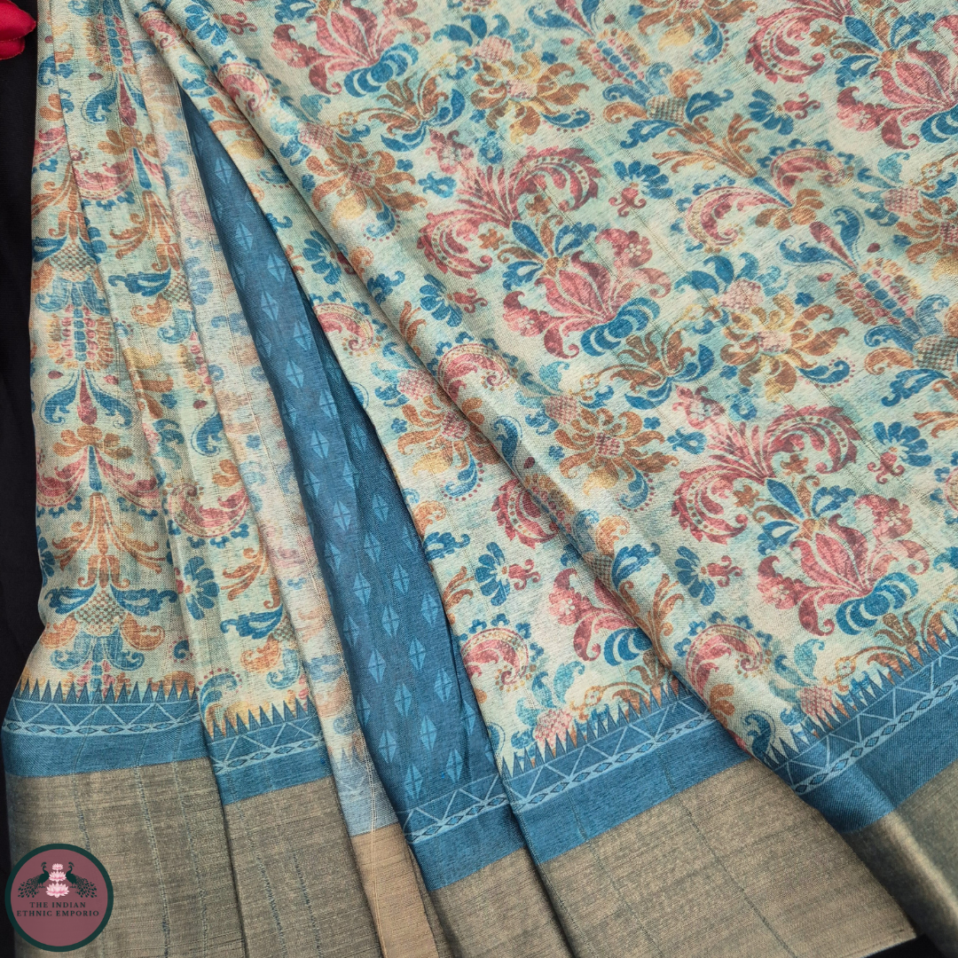 Satrangi Atrangi - Light Blue color Mughal Inspired Flora Print Premium Gicha Silk Saree for Women