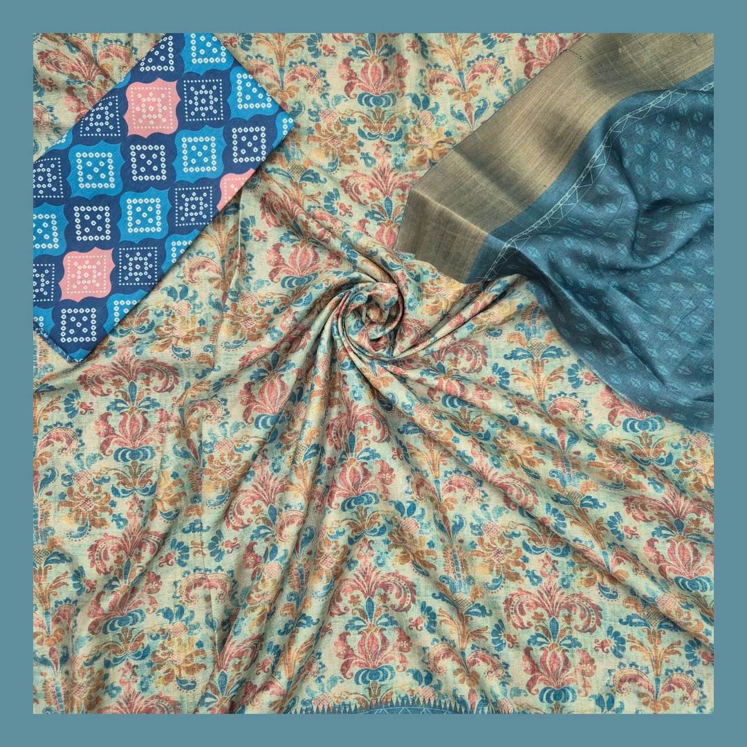 Satrangi Atrangi - Light Blue color Mughal Inspired Flora Print Premium Gicha Silk Saree for Women