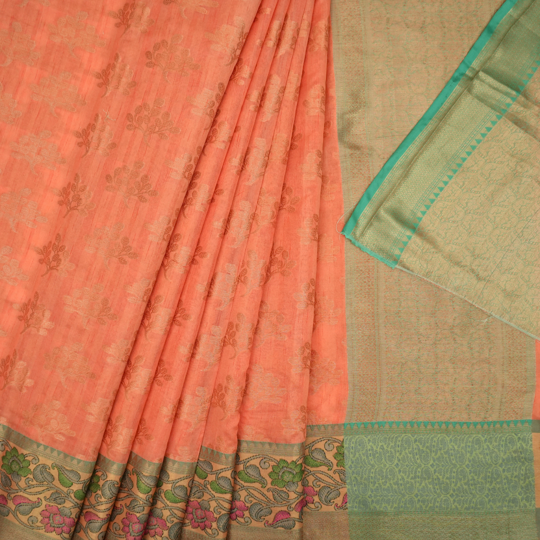 Komal Resham- Peach color banarasi Silk Saree with zari weaving with Floral Border for women
