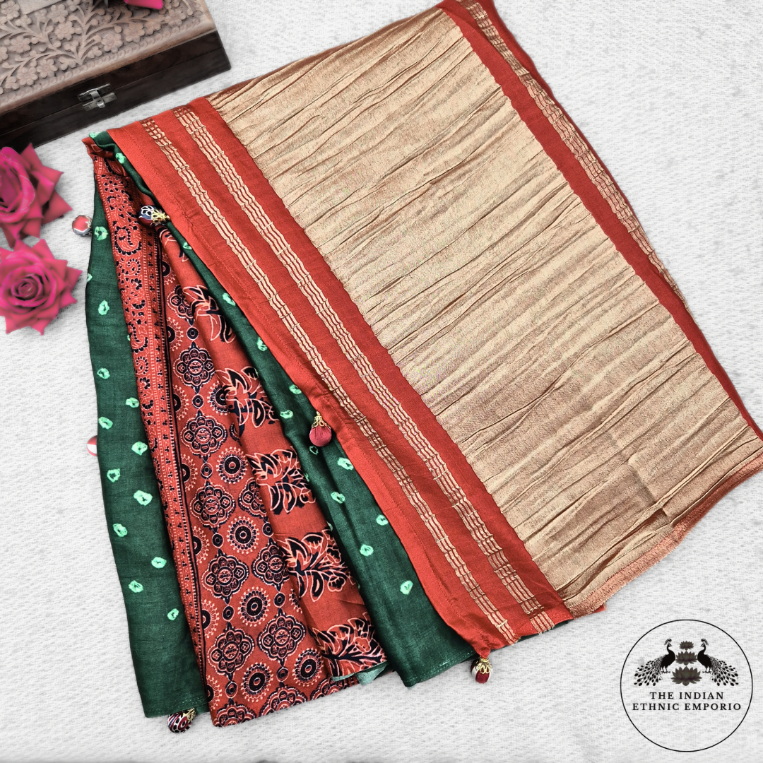 Green & red color bandhej / bandhani & ajrakh print modal silk saree