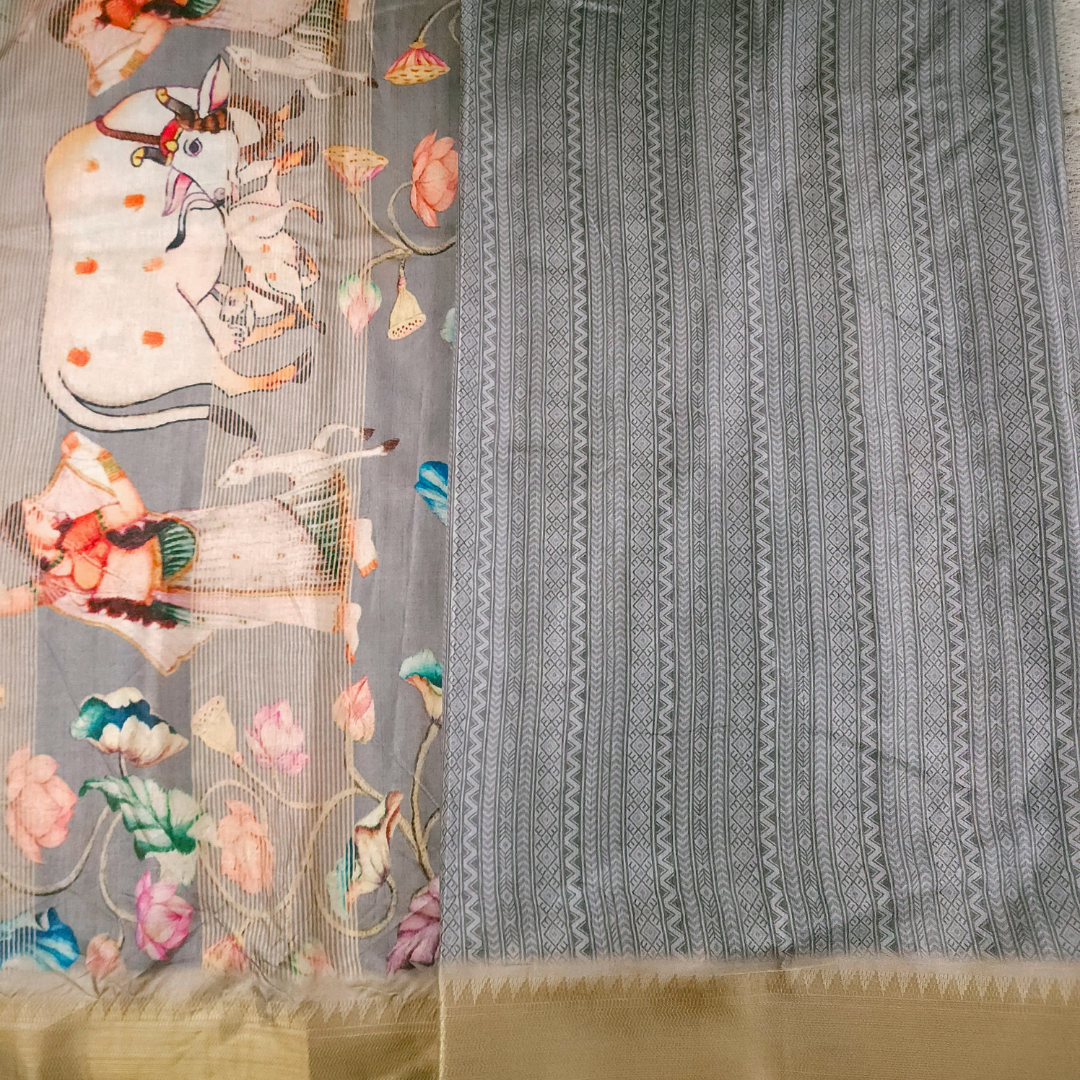 Grey Color Tussar Silk Pichwai Saree from Pichwai Palette Collection - GREY MIRAGE