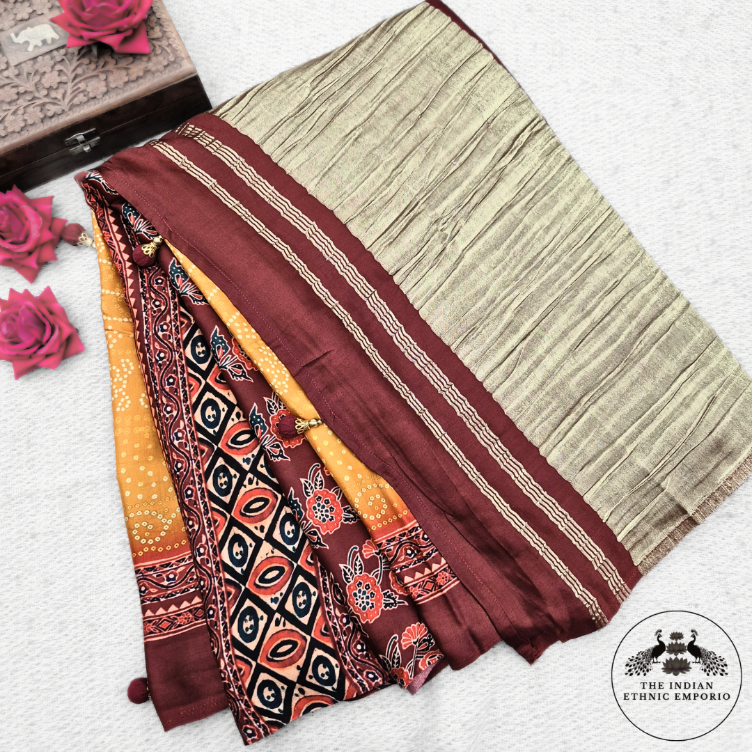 yellow & maroon bandhej / bandhani & ajrakh print modal silk saree