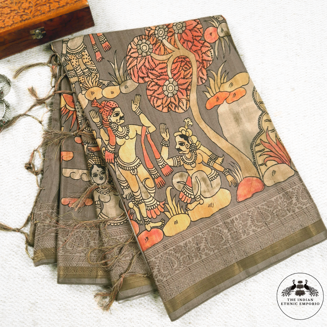 Brown Color Bhagalpuri Silk Saree with Human & Animal Figurines Print - बस्ती - Kalamkari katha