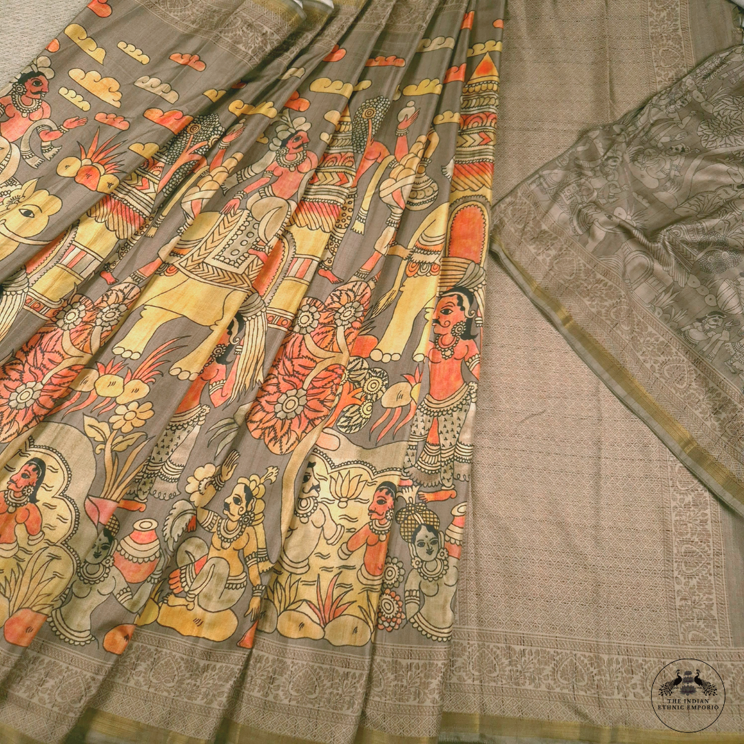 Brown Color Bhagalpuri Silk Saree with Human & Animal Figurines Print - बस्ती - Kalamkari katha