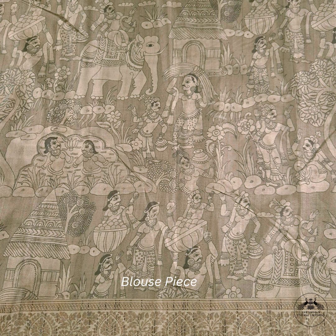 Brown Color Bhagalpuri Silk Saree with Human & Animal Figurines Print - बस्ती - Kalamkari katha