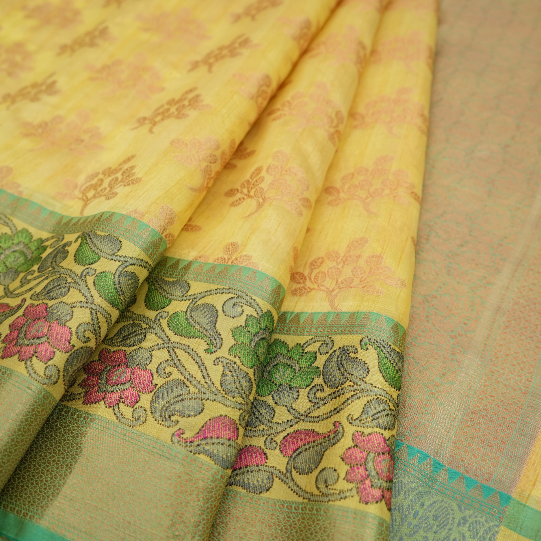Komal Resham- Yellow color banarasi Silk Saree with zari weaving with Floral Border for women