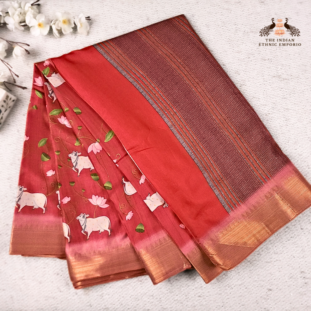 Red Tussar Silk Pichwai Saree from Pichwai Palette Collection - LAAL SAUNDARYA