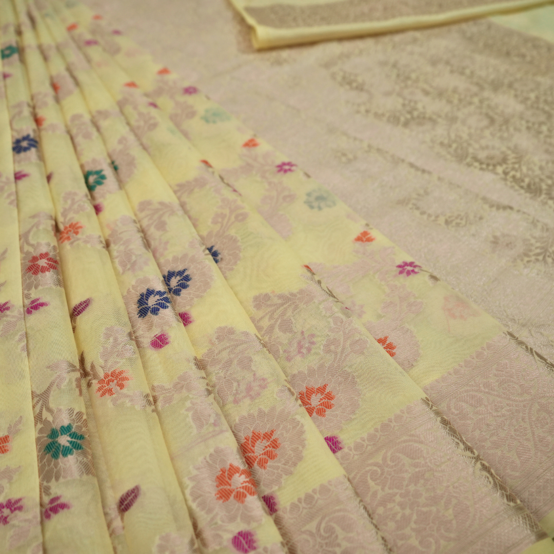 Gulnaaz - Yellowish Cream Khaddi Georgette saree with Zari weaving work for women