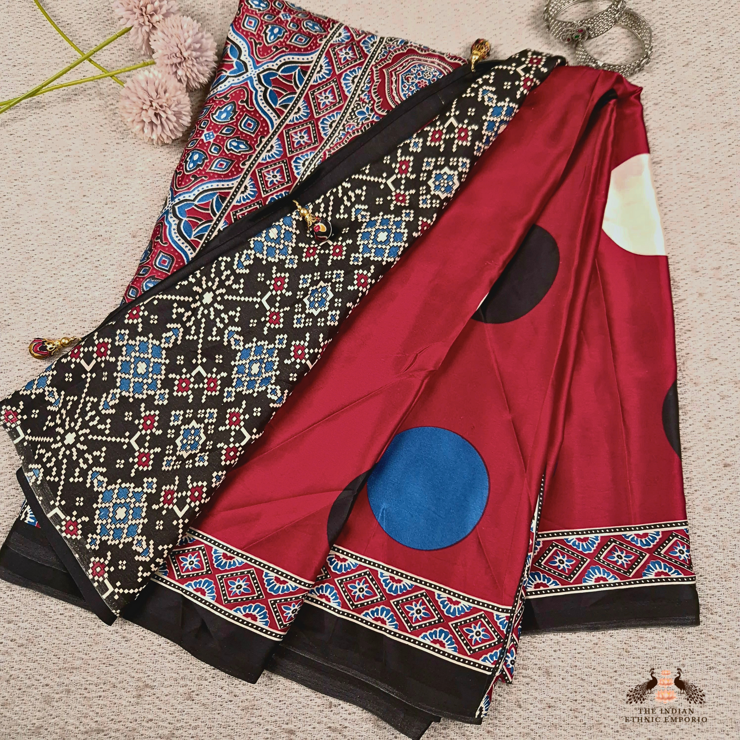 The Ajrakh Collection - Bold Polka - Satin Silk Saree
