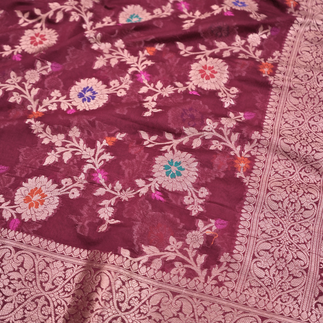 Gulnaaz - Wine Khaddi Georgette saree with Zari weaving work for women