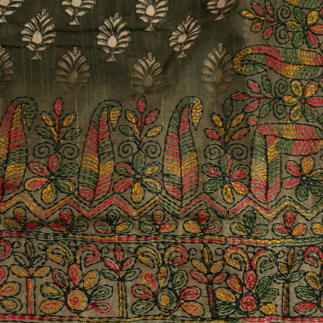Mehendi Green Color Karigari Kantha Semi Tussar x Kantha Hand Embroidery x Hand Block Print for Women