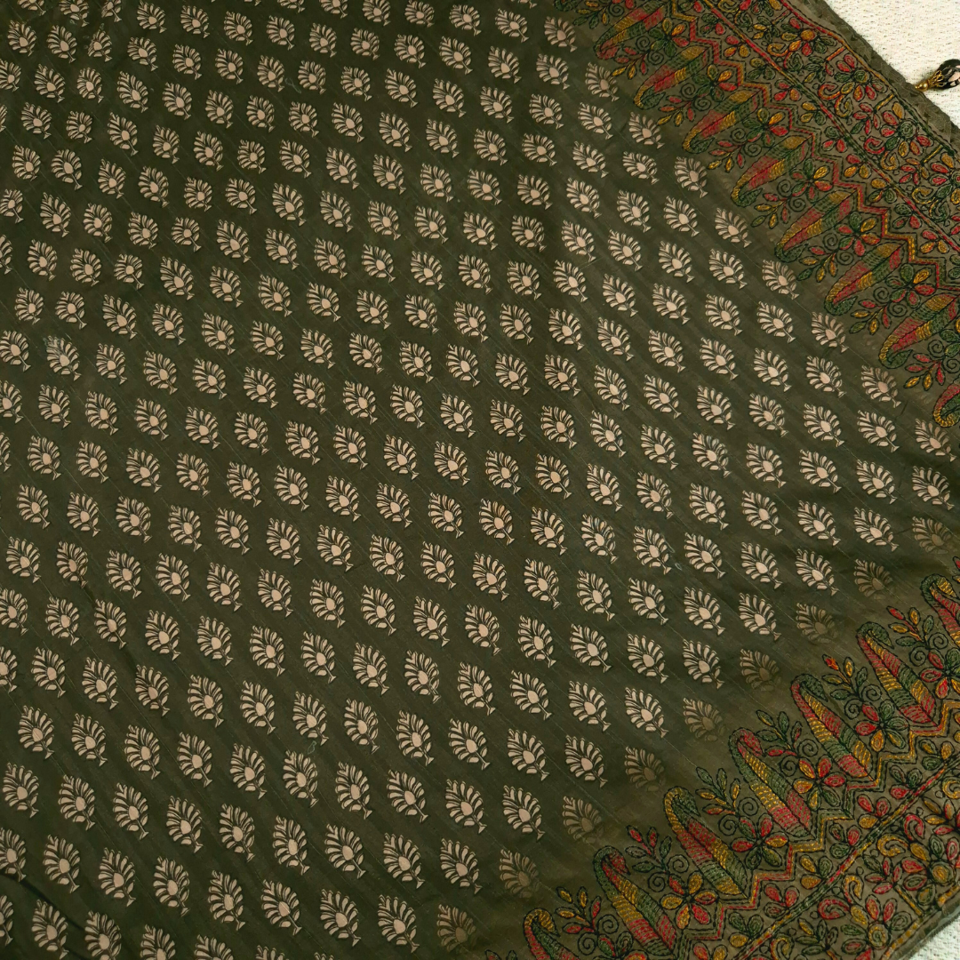 Mehendi Green Color Karigari Kantha Semi Tussar x Kantha Hand Embroidery x Hand Block Print for Women