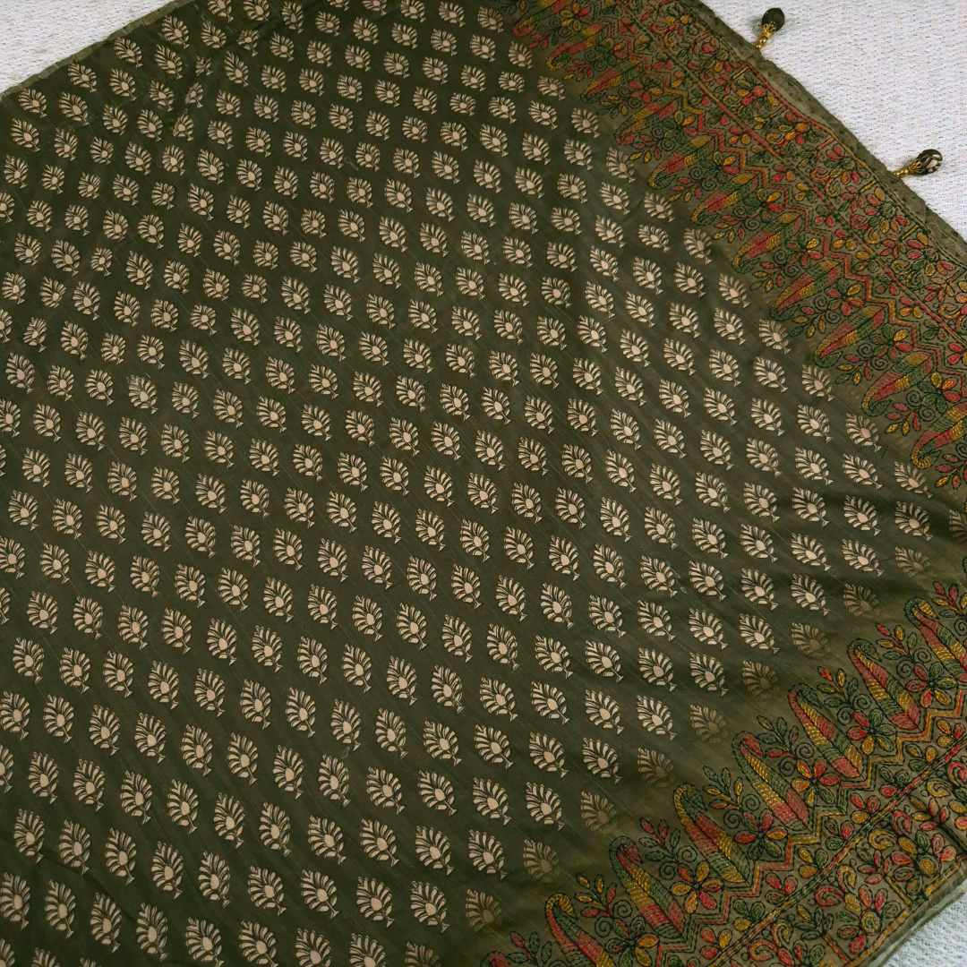 Mehendi Green Color Karigari Kantha Semi Tussar x Kantha Hand Embroidery x Hand Block Print for Women