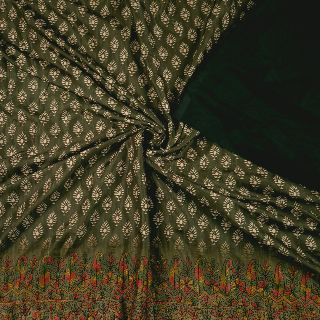 Mehendi Green Color Karigari Kantha Semi Tussar x Kantha Hand Embroidery x Hand Block Print for Women